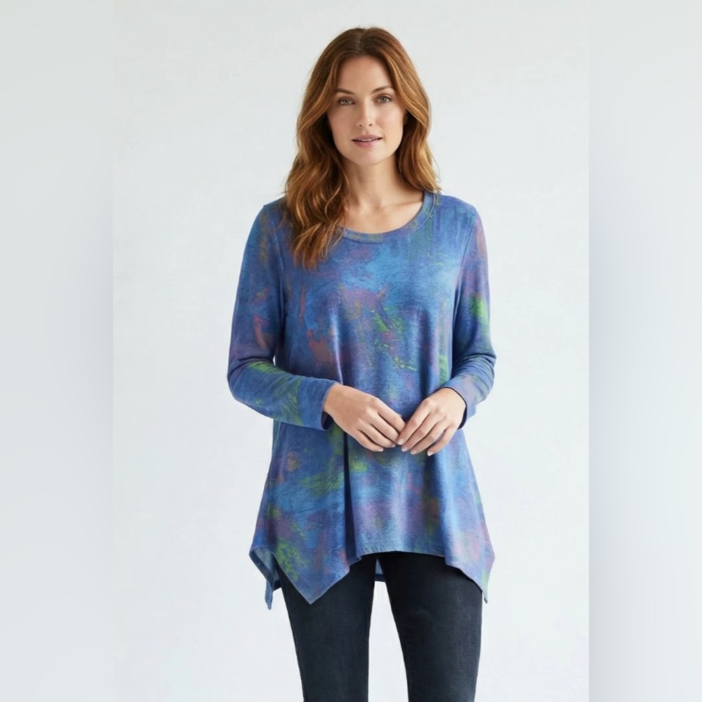 Philosophy Women’s XL Tunic Top Blue Abstract Print Stretch Soft Long Sleeve 42”